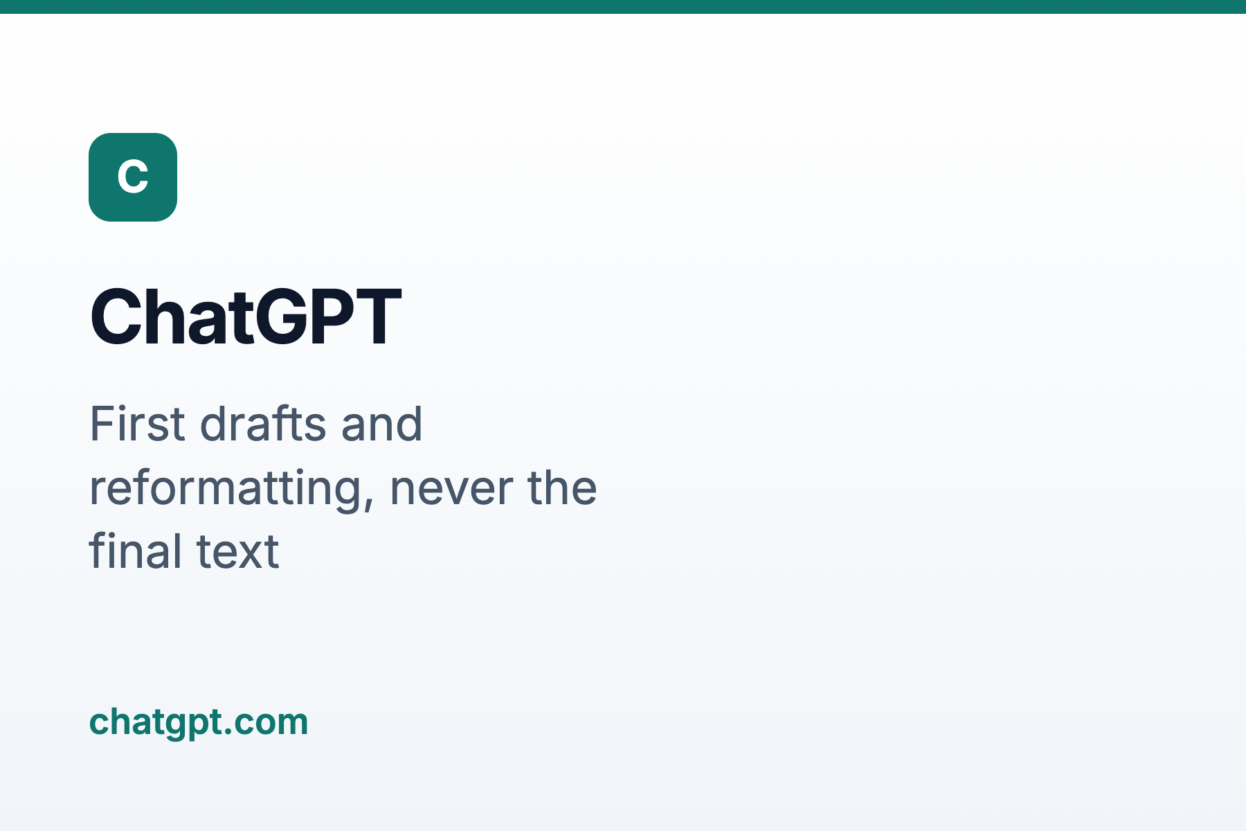 ChatGPT: This tool is suitable for creating a first draft of a motivation letter or for rearranging content. Do not submit the text it generates: it produces the same generic introduction as others, and will also fabricate a portion of your background that you don't actually possess.
