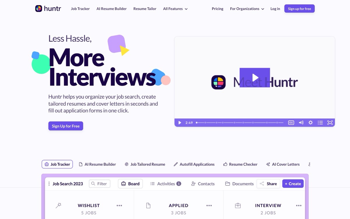 Huntr: Das Werkzeug, das Teals Form am nächsten kommt. Kanban-Board für die Bewerbungen, ein Clipper für Chrome, der eine Stelle von einer beliebigen Seite übernimmt, Kontakte, Interviews, dazu ein Lebenslauf-Werkzeug mit Stichwort-Scanner und Bewertung.
