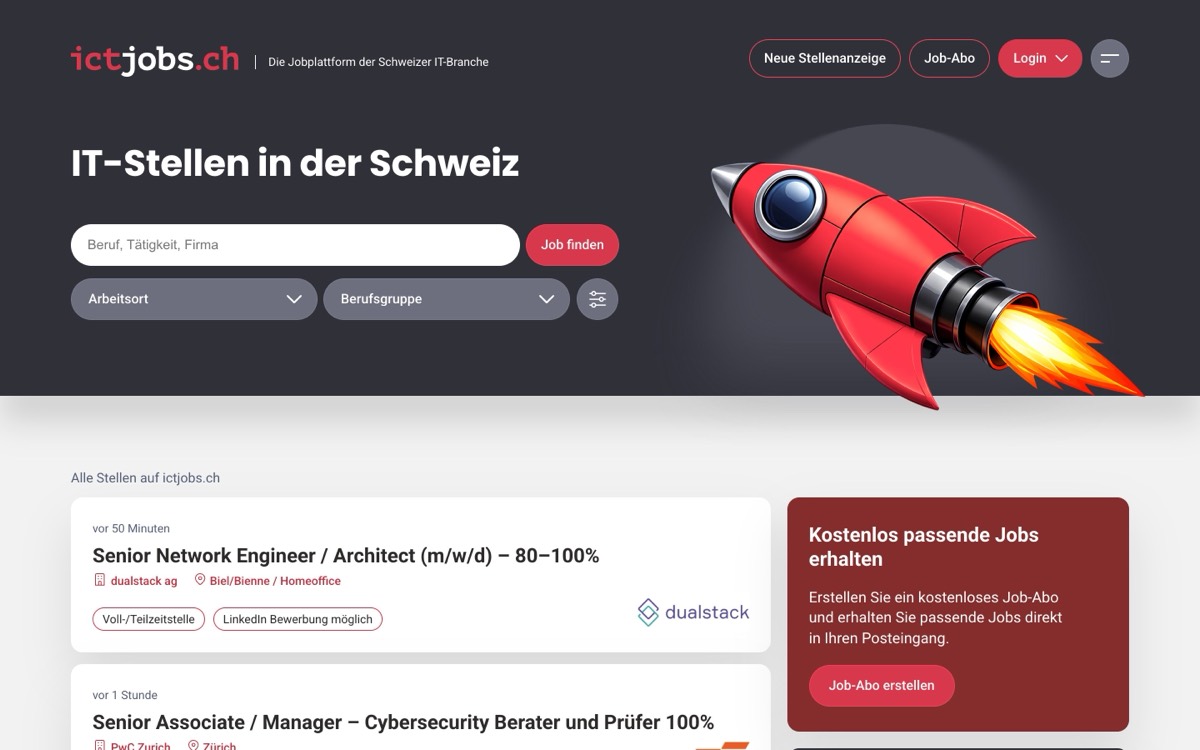 ictjobs.ch: «Die Jobplattform der Schweizer IT-Branche», nur Informatik, mit IT-Jobs nach Thema, Firma und Region, einem kostenlosen Job-Abo und einem Online-CV.