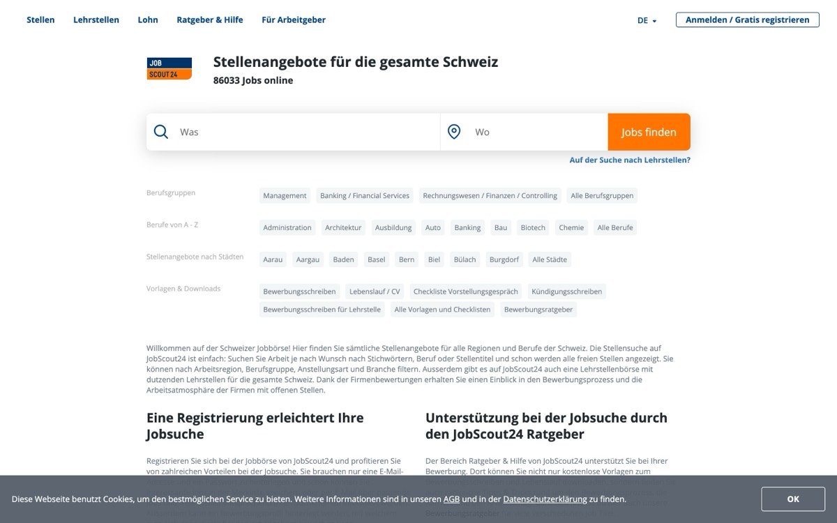 JobScout24: Dritte Marke derselben Firma. Wer alle drei durchsucht, um breiter zu suchen, sucht dreimal beim selben Anbieter.