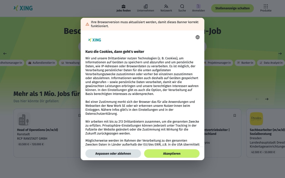 Xing: «Finde den Job, der zu Dir passt. Oder lass Dich finden!», das deutschsprachige Berufsnetzwerk für DE, AT und CH, mit Jobsuche, Unternehmensseiten und einer KI, der man den Wunschjob beschreibt. In der Schweiz deutlich dünner besetzt als LinkedIn.
